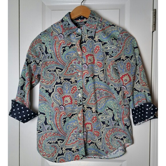 Chaps Size S Blouse Paisley No Iron 3 /4 Sleeve Button Front Career Preppy - Picture 3 of 8